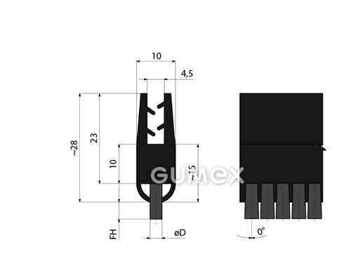 Profil mit Bürste 1330, 33x10mm, Bürstenlänge 5mm, Ø 0,2mm, Neigung 0°, TPE/PA6, -20°C/+100°C, 